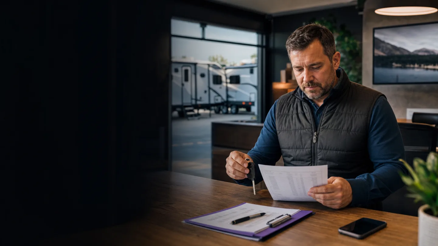 An RV dealership owner continuing to manage inventory while Garry follows up with a buyer